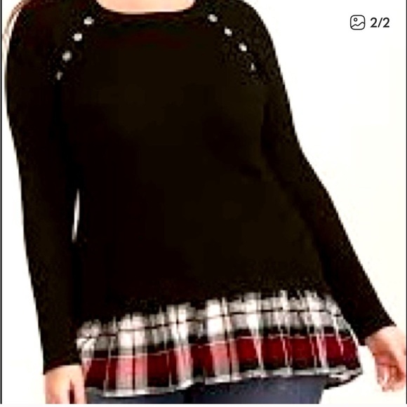 ☃️Torrid Ribbed Fitted Knit Layered Plaid Trim Lightweight Long Sleeve Top - Picture 2 of 4